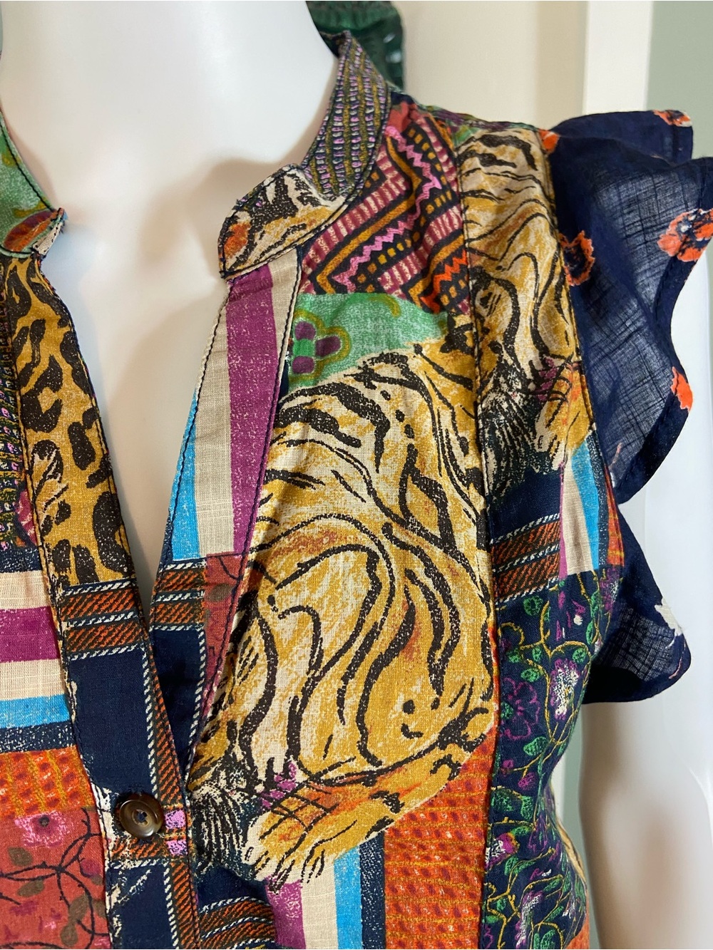 Pilcro Patchwork Tiger Leopard Tiered Mini Babydoll Dress XSmall XS - Picture 9 of 15
